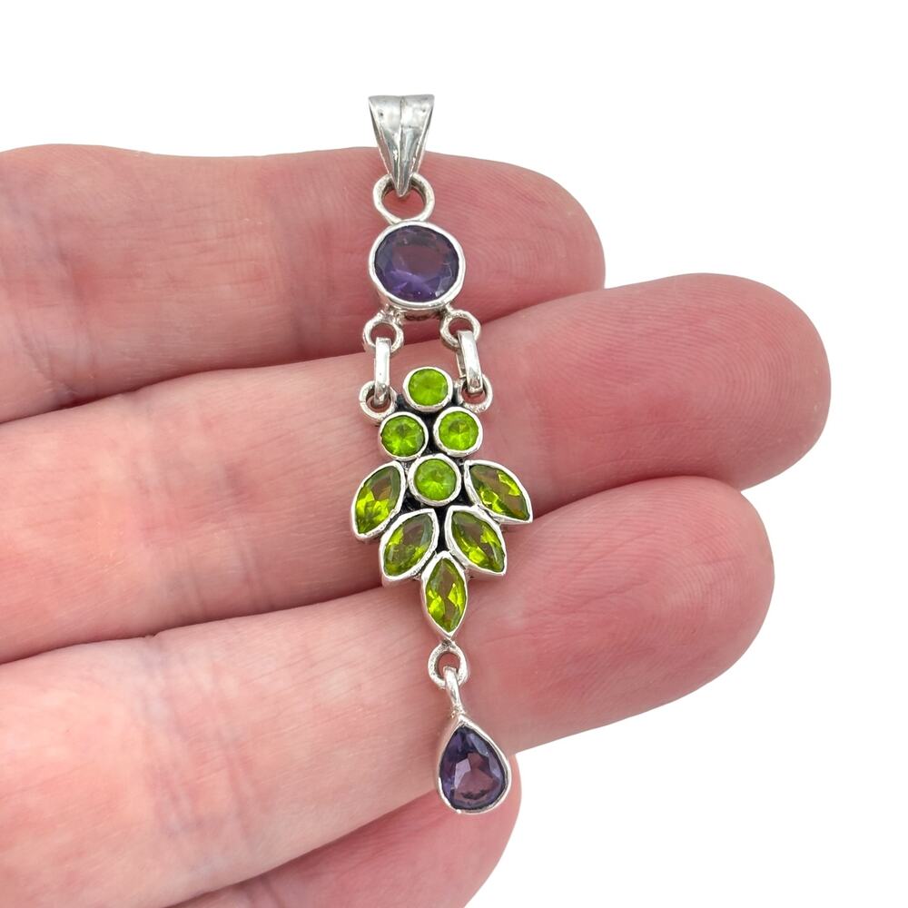 Vintage Sterling Silver 925 Green Purple Crystal Pendant